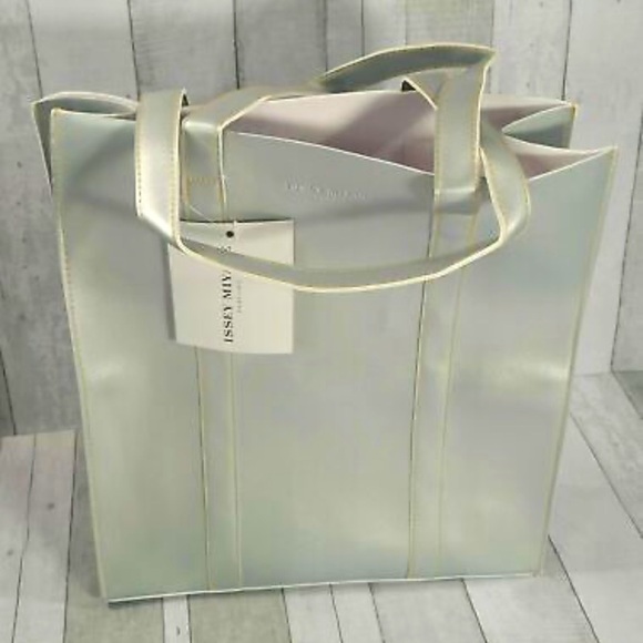 Issey Miyake Parfums Silver Faux Leather Tote Bag Purse Travel Large Shopper NEW - Picture 2 of 3